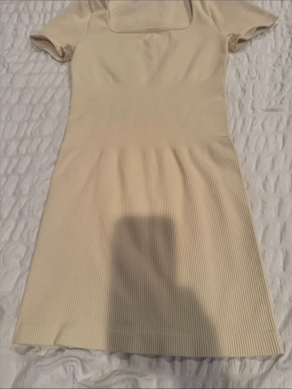 Ribbed Short-Sleeve Fitted Dress in Cream
